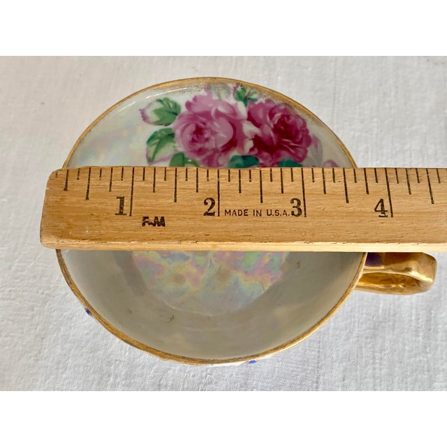 Vintage Ucagco Ceramics Japan Porcelain Teacup and Saucer Set Cobalt Blue Pink Rose Lusterware Pierced Scalloped Rim Mid-Century Excellent Condition For Sale - Image 9 of 13