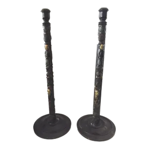 1900 Japanese Lacquer Temple Candle Holders - a Pair 22.75" H
