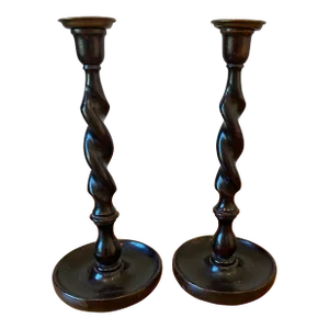Pair of Antique English Hand-Turned Mahogany Barley Twist Candlesticks With Brass Tops