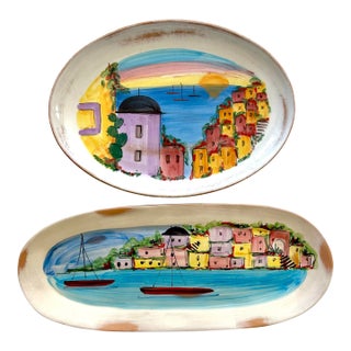 Pair of Mid 20th Century Vietri La Fenice Italian Hand Painted Large Platters For Sale