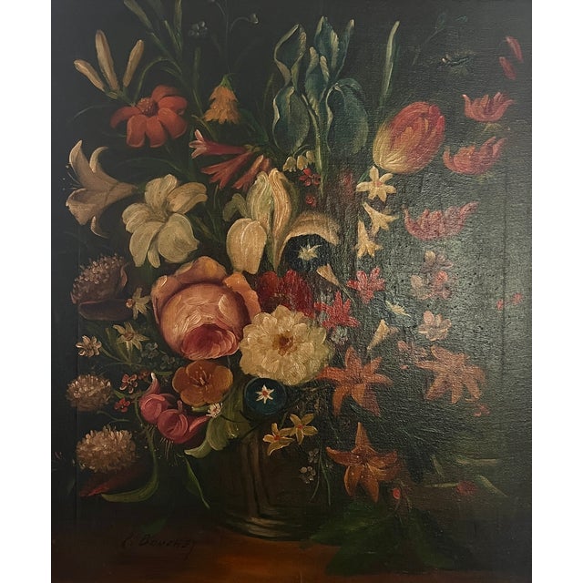 Take a moment to look at this gorgeous Continental European oil on canvas still life painting of an abundance flowers by...