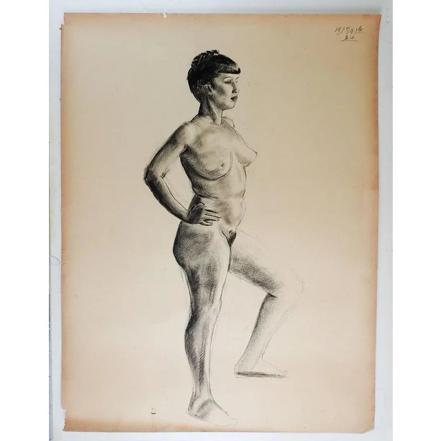 Vintage charcoal on paper nude female figural study by Geneva Flores Hart Fell (1906-2008) Texas, circa 1950s. Unsigned,...