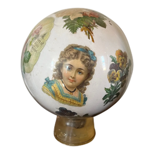 Antique 19th Century English Victorian Decalcomania or Potichomania Reverse Painted Glass Sphere or Witch's Gazing Ball