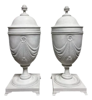Pair Neoclassical Style Gray Painted Mahogany Urns