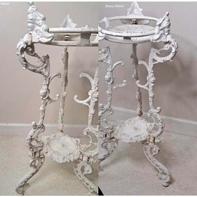 Vintage Ornate White Cast Iron Cherub Plant Stand, Victorian Revival Garden Pedestal For Sale - Image 10 of 14