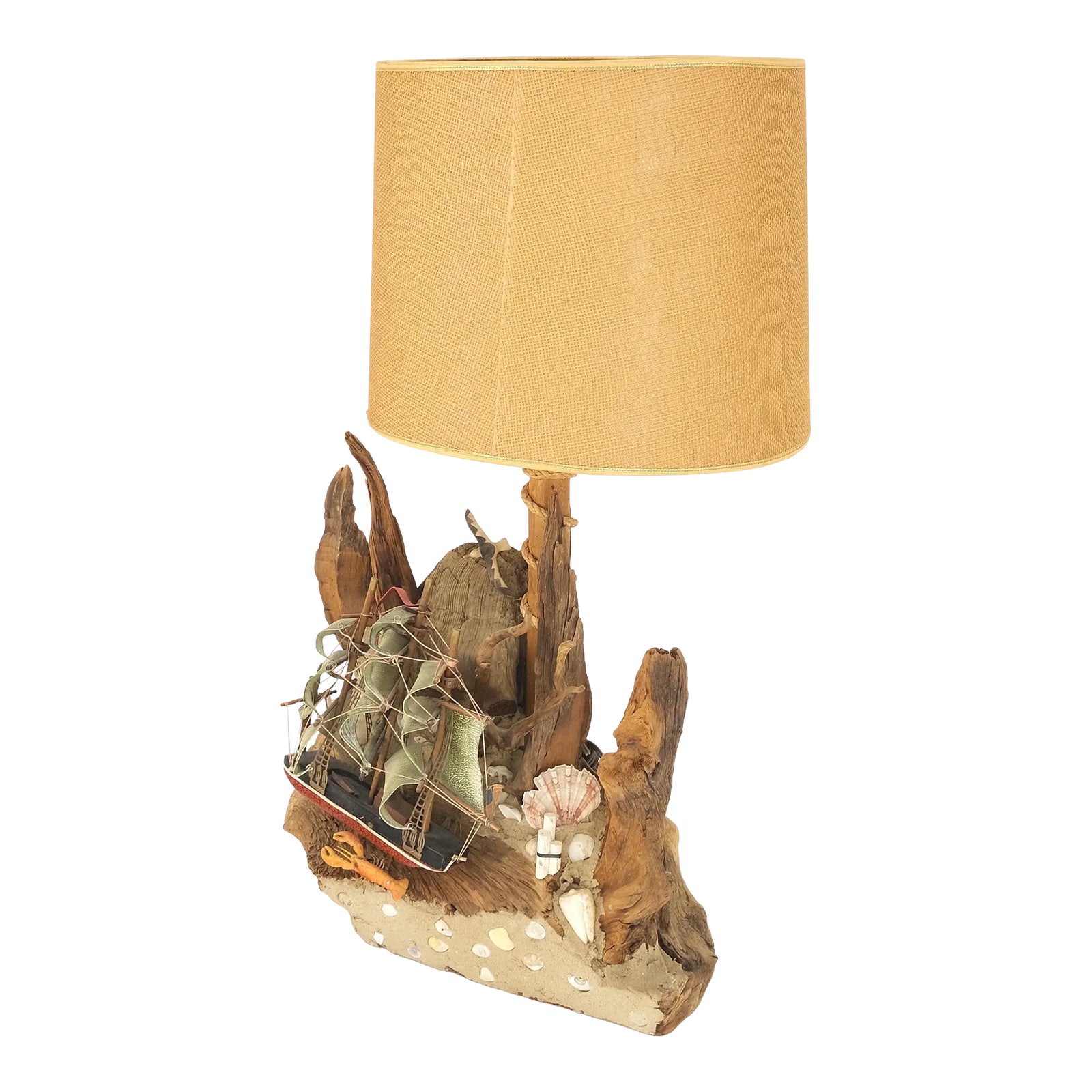 Sea Naval Shells Theme Decorated Driftwood Base Table Lamp Mid-Century ...