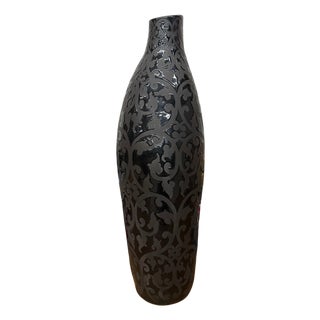 Glazed Midnight Black Ceramic Vase with Curled Floral Design For Sale