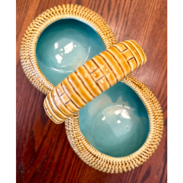 Ceramic Sarreguemines French Majolica Ceramic Trompe L’oeil Basket With Faux Bamboo Wicker Detailing and Blue Interior For Sale - Image 7 of 12