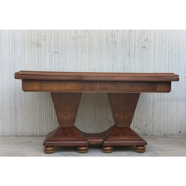 Square Extendable Art Deco Dining Table With Two-Burl Walnut Pedestals For Sale - Image 4 of 11