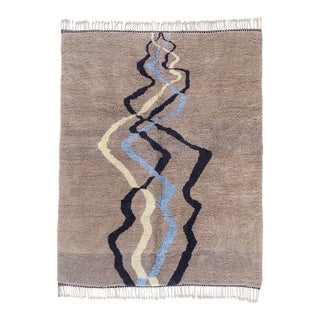 Abstract River-Line Hand-Knotted Moroccan Wool Rug |9'7" X 7'8" | One of a Kind For Sale