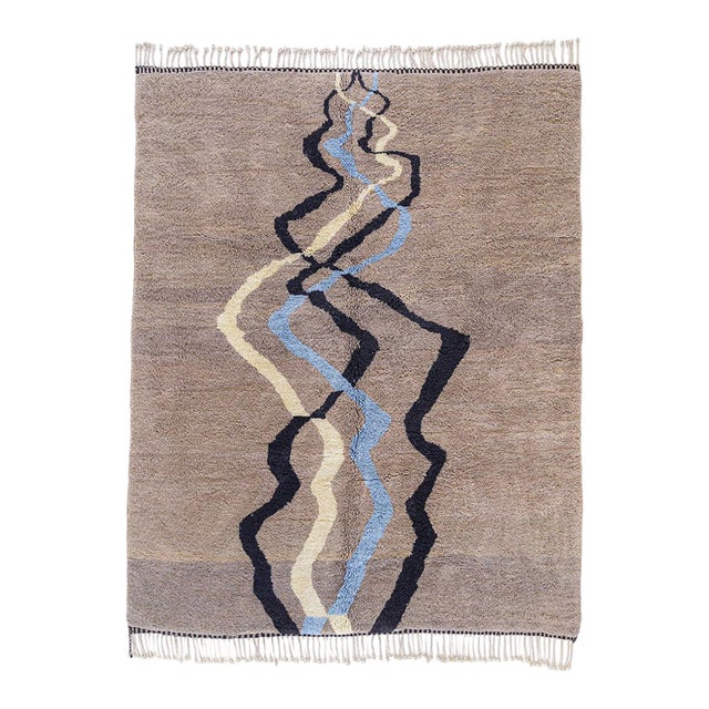 Abstract River-Line Hand-Knotted Moroccan Wool Rug |9'7" X 7'8" | One of a Kind For Sale