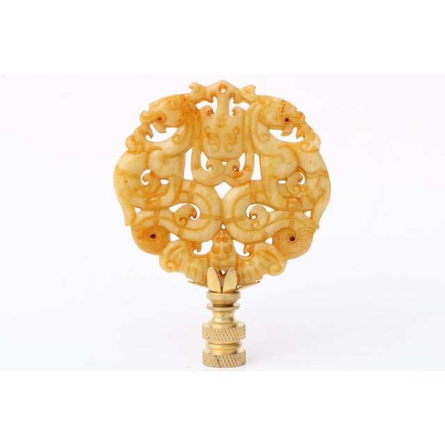 Chinoiserie Dragon Crest Carved Stone Lamp Finial on Brass Hardware For Sale - Image 3 of 3