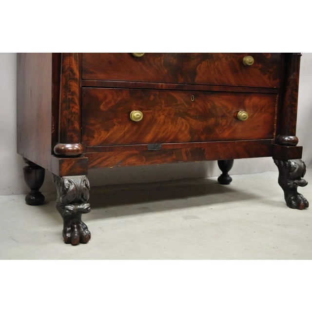 Antique American Empire Crotch Mahogany Step Back Tall Chest Dresser W/ Paw Feet For Sale - Image 4 of 12