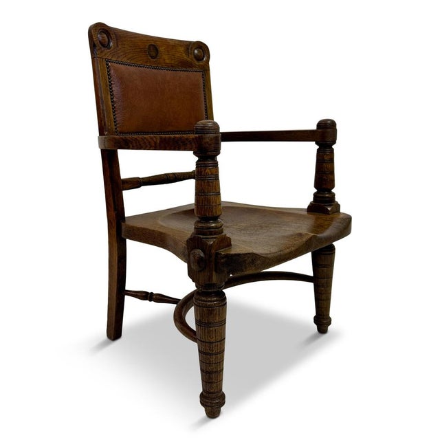 Arts and Crafts Oak Armchair with Saddle Seat, Early 20th Century For Sale - Image 14 of 14