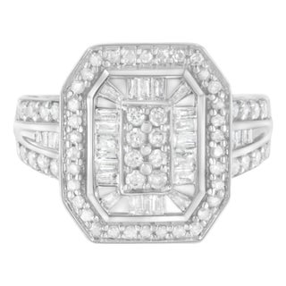 .925 Sterling Silver Round and Baguette Diamond Cathedral Ring (0.75 Cttw, H-I Color, I2-I3 Clarity) - Size 7.5 For Sale
