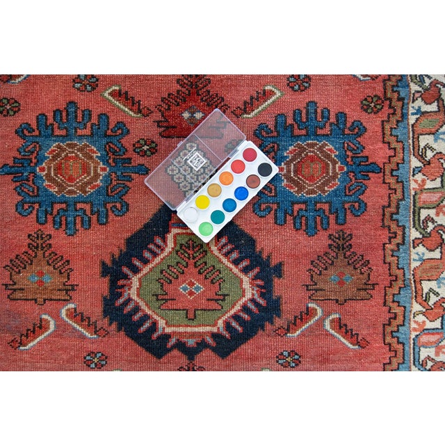 Textile 1880s Antique Geometric Salmon Red Blue Hand-Knotted Wool Pile Rug - 2’11” X 4’8” For Sale - Image 7 of 8
