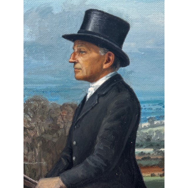 Wood British Framed Oil Painting Worcestershire Hunt Huntsmen Top Hat Up Bay Horse Pug C1972 For Sale - Image 7 of 12