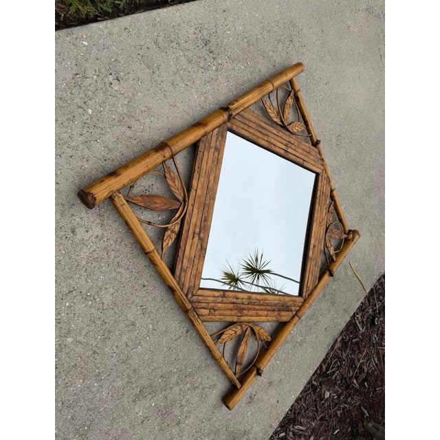 Brown Vintage Bamboo & Rattan Leaf Motif Wall Mirror For Sale - Image 8 of 11