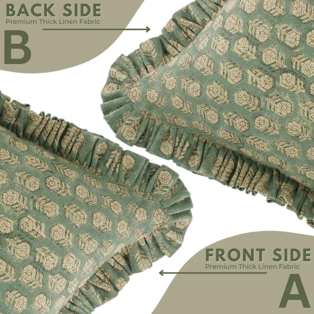 Not Yet Made - Made To Order Fabdivine Handcrafted Block Print Frill Cushion Cover Green 18x18 Inch Thick Linen- Tulsi Buti For Sale - Image 5 of 5