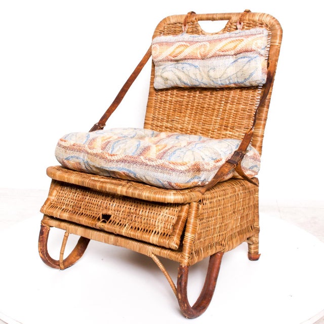 Vintage Folding Beach Chair Woven Wicker and Leather Sculpted Portable