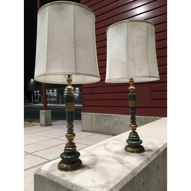 Metal Pair of Japanese Bronze & Marble Column Table Lamps With Original Shades For Sale - Image 7 of 13