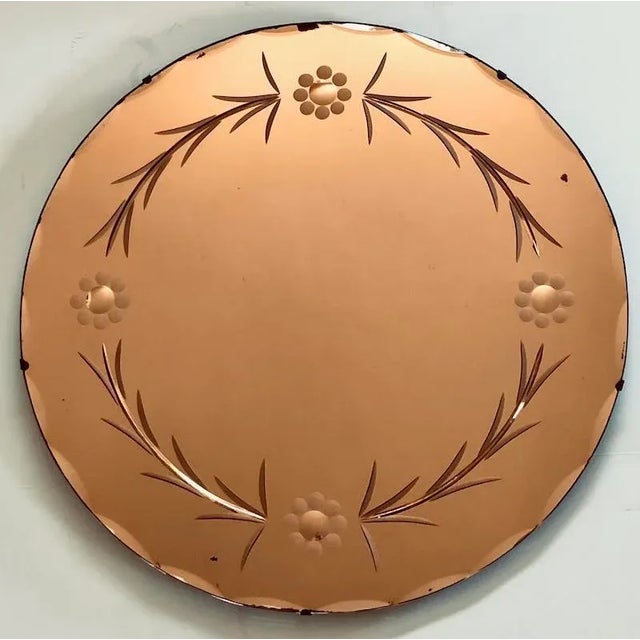 Glass 1930s Art Deco Peach Etched Circular Beveled Wall Mirror For Sale - Image 7 of 7