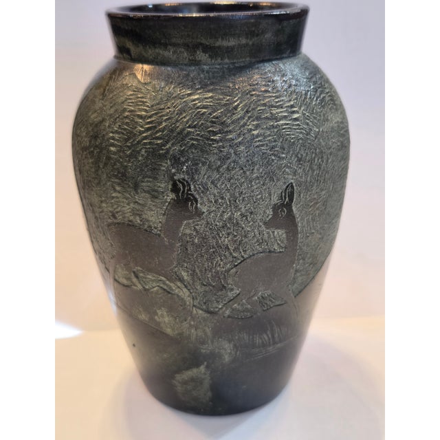 Art Deco Vintage Relief Carved Soapstone Vase Italian 1960s With Deer Trees & Mountains For Sale - Image 3 of 8