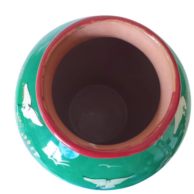 1990s Vintage Mexican Folk Art Vase Handpainted Terracotta Colorful Green Blue Red Glossy 8" X 7" For Sale - Image 5 of 15