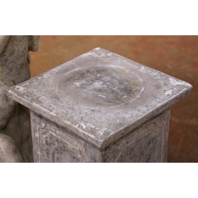 Stone Early 20th Century French Cast Stone Cherub Garden Sculpture on Pedestal For Sale - Image 7 of 14