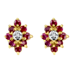 Ruby Cluster Vintage Style Earrings 10k Yellow Gold, 2 Pieces