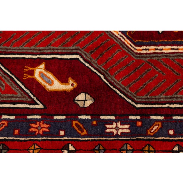 Tribal Mid-20th Century Caucasian Kazak Runner With Bird Motifs and Geometric Medallions in Crimson and Navy For Sale - Image 3 of 9