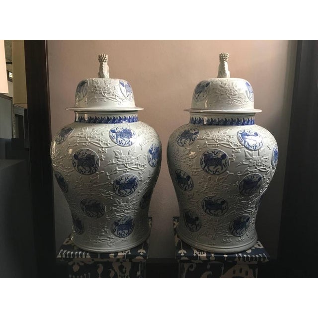 Ceramic Porcelain Blue and White Giant Jar Vases, Set of 2 For Sale - Image 7 of 12