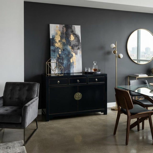 1990s Oriental Black Lacquer 3 Drawers MoonFace Console Credenza Sideboard For Sale - Image 5 of 15