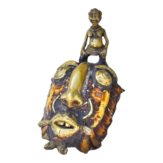 Mid 20th Century Handmade West-African Unique Brass Figurine & Shell Mask For Sale
