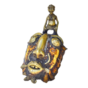 Mid 20th Century Handmade West-African Unique Brass Figurine & Shell Mask