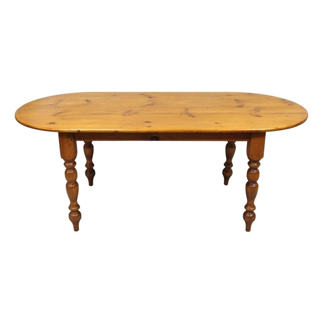 Vintage French Country Oval Pine Wood 78" Baluster Leg Farmhouse Dining Table For Sale