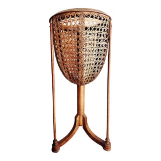 1910s Carved Fruitwood Plant Stand With Cane Basket For Sale