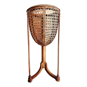 1910s Carved Fruitwood Plant Stand With Cane Basket