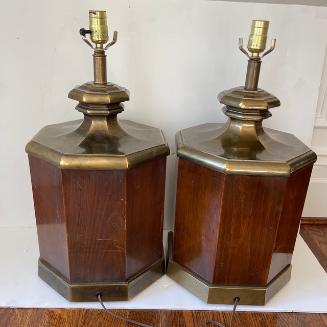 1960s Large Walnut and Brass Octagonal Shaped Lamps - a Pair For Sale - Image 9 of 13