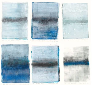 Isla De La Pasion Set (6) 10*14r Abstract Reproduction Mono Print Blue Black Gray White Art by Carrie Bergey