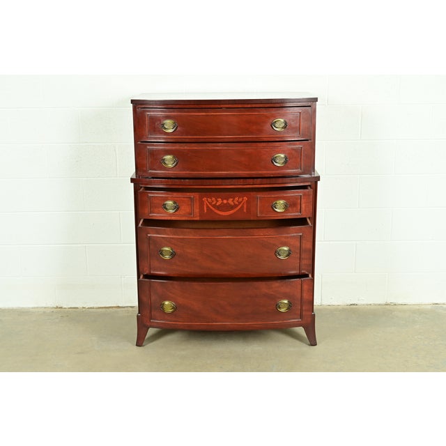 1960s Federal Inlaid Mahogany Bow Front Highboy Dresser by National Furniture, Circa 1960s For Sale - Image 5 of 14