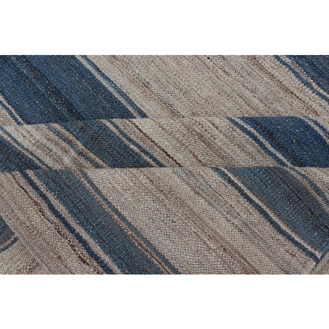 Flat-Weave Modern Kilim Rug With Stripes in Shades of Blue, and Cream For Sale - Image 11 of 12