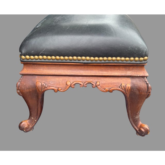 Vintage Hancock & Moore Carved Mahogany & Black Leather Foot Stool Bench In good original condition showing some typical...