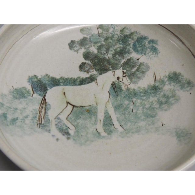 Large Vintage Grey and Green Farm House Round Decorative Bowl Depicting horse in nature. Size: 10"D x 2.75"H
