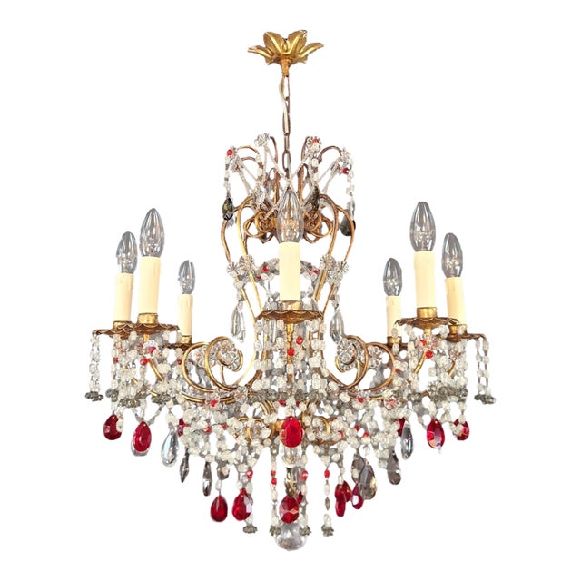 1930s Red Crystal Chandelier Brass Ceiling Lamp Lustre Art Nouveau Beaded For Sale