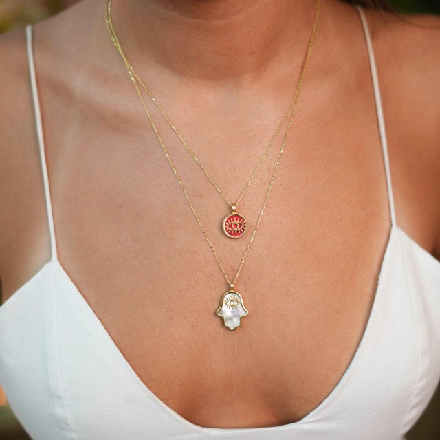 Coral & Gold Round Evil Eye Pendant Talisman Necklace For Sale - Image 4 of 9