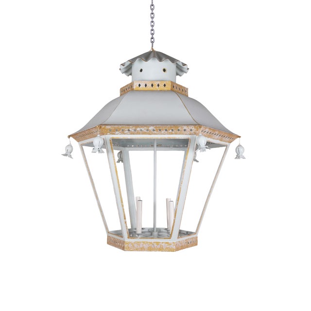 Vintage French Chinoiserie Three-Tier Pagoda-Shaped Metal Chandelier, White, Light Blue, and Gold For Sale In New York - Image 6 of 11