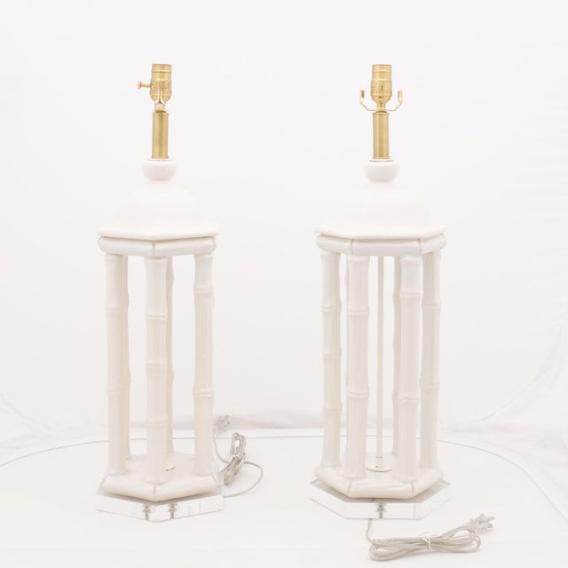 Off-white Pair of Large Architectural Porcelain Bamboo Lamps C. 1960s For Sale - Image 8 of 12