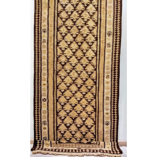 Vintage Persian Qazvin Tribal Kilim Runner, Handwoven Wool, Allover Paisley Pattern, Tan & Brown, 3x11 For Sale - Image 13 of 18