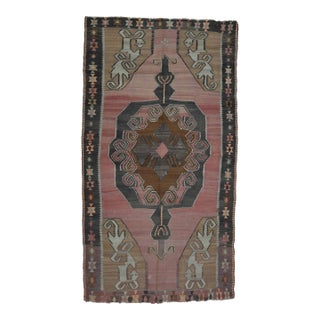 1970s Vintage Handmade Wool Cotton Pink Turkish Area Rug For Sale